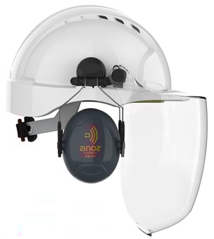 picture of JSP Evo3 White Vented Standard Peak Helmet With Sonis Compact Ear Defenders SNR31 and EVOGuard C4 - [IH-EVOKIT1]