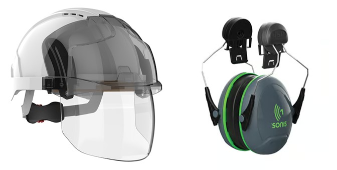 JSP - EVO VISTAshield Safety Helmet Vented with Integrated Faceshield +  Sonis 1 Ear Defenders Kit - IH-EVOVISTAKIT (AMZPK)
