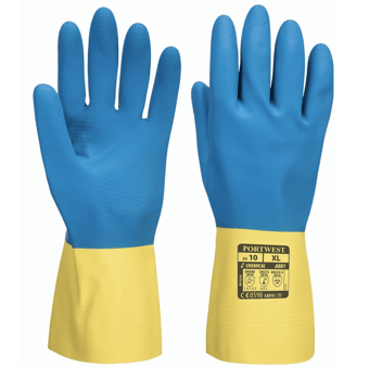 picture of Portwest A801 Double Dipped Latex Yellow/Blue Gauntlet Gloves - Pair - [PW-A801Y4R]