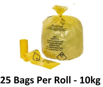 picture of Yellow NHS Clinical Waste Sacks - Large - Heavy Duty - 15" x 28" x 39" - 25 Bags Per Roll - 10kg - [OL-OL605/A] - (HP)