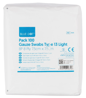 picture of Blue Dot Non-Sterile Gauze Swabs 7.5cm x 7.5cm - Pack of 100 - [CM-1545]