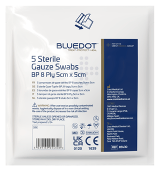 Picture of Blue Dot Sterile 8 Ply 5cm x 5cm Gauze Swabs Pack of 5 - [CM-85430]