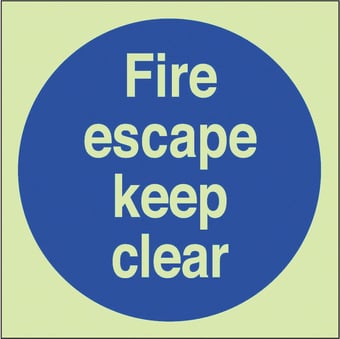 Picture of Photoluminescent Fire Escape Keep Clear Sign - 100 X 100Hmm - Self Adhesive Rigid Plastic - [AS-PH59-SARP]