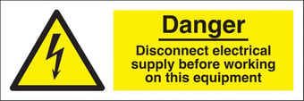 Picture of Danger Disconnect Electrical Supply Before Working on this Equipment Sign - 300 x 100Hmm - Rigid Plastic - [AS-WA38-RP]