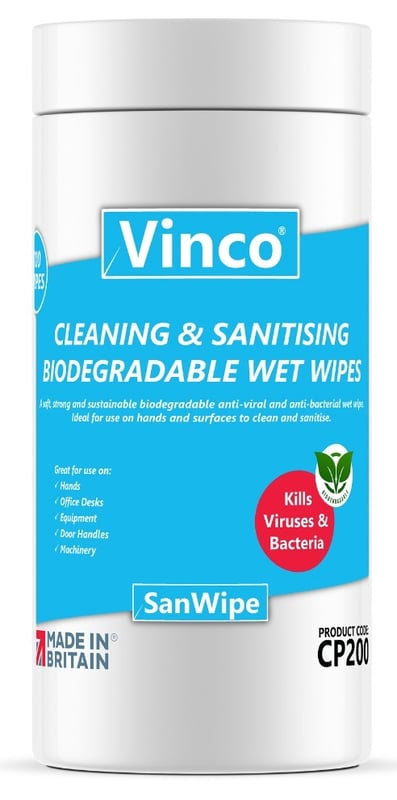 Vinco-SanWipe QUAT Formula Plastic Free Wet Wipes - 100 Wipes - [HCI-CP200]