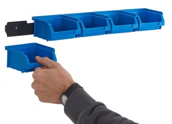 picture of BiGDUG Wall Mounted Bin Rail Kit - 5 x Blue Plastic Parts Bins - 53h x 520w x 95d mm - [BDU-TYBRB50B]