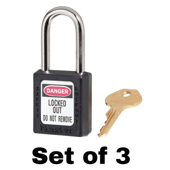 picture of Set of 410 Zenex Thermoplastic Safety Padlock - Black - With 'Key Alike' Key - Set of 3 - [MA-410KA3BLK]