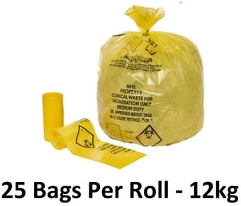 picture of Yellow NHS Clinical Waste Sacks - Large - Heavy Duty - 15" x 28" x 39" - 25 Bags Per Roll - 12kg - [OL-OL604/A] - (HP)