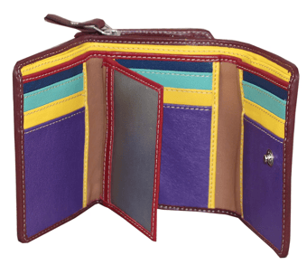 picture of Ladies Small Burgundy Red RFID Blocking Purse Wallet - Multi Coloured Inside - FG-CA-1252