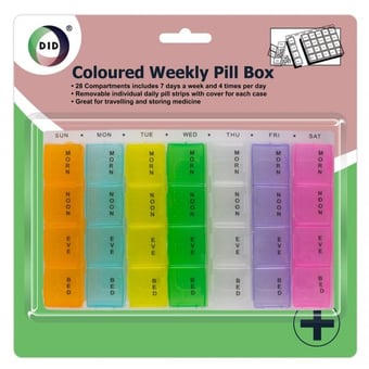 picture of DID - Coloured Weekly Pill Box - 2.2cm(L) x 20.9cm (W) x 20.9cm (H) - 28 Compartments - [PD-FA4359]