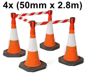 picture of Set of 4 JSP Dominator Cones with 4 Cone Toppers Retractable Barrier Warning Red-White Tape - [IH-CONESET4] - (MP)