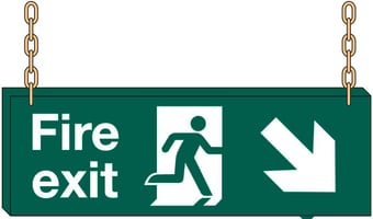picture of Hanging Fire Exit Sign SMALL - Arrow South East - 400 x 150Hmm - Double Sided - [AS-HA15-FOAM]