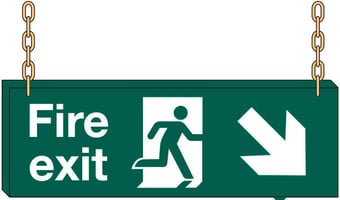 Picture of Hanging Fire Exit Sign SMALL - Arrow South East - 400 x 150Hmm - Double Sided - [AS-HA15-FOAM]