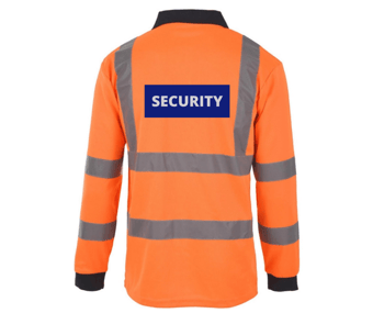 picture of Security Printed Front and Back - Hi Vis Orange Long Sleeve Polo Shirt - Navy Collar - BI-100-SEC