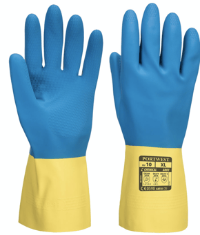 Picture of Portwest A801 Double Dipped Latex Yellow/Blue Gauntlet - Pair - [PW-A801Y4R]