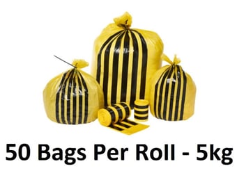 picture of Black and Yellow Tiger Stripe Waste Sacks - Medium - 14" x 22" x 25" - 50 Bags Per Roll - 5kg - [OL-OL702/A] - (HP) - (DISC-R)
