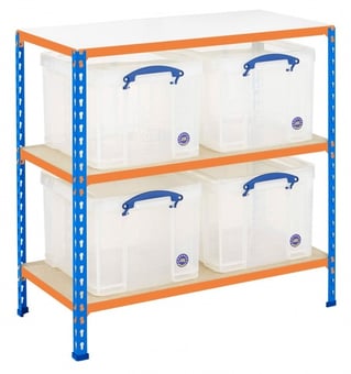 picture of BiG340 Shelving - 915h x 915w x 455d mm - 3 Levels - Blue & Orange - 4 x 35L Really Useful Boxes - [BDU-RUBK04CBO] - (LP)