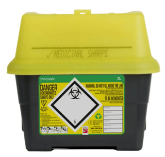Picture of Sharpsafe Recycled Sharps Bin - Yellow Lid - 2L - Box Deal of 50 - [IH-VC-51405430]