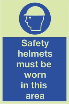 picture of Photoluminescent Safety Helmets Must Be Worn In This Area Signs - 200 X 300Hmm - Self Adhesive Rigid Plastic - [AS-PH254-SARP]