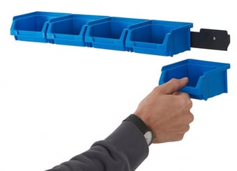 Picture of BiGDUG Wall Mounted Bin Rail Kit - 5 x Blue Plastic Parts Bins - 53h x 520w x 95d mm - [BDU-TYBRB50B]