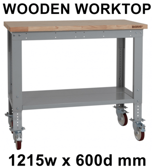 picture of BiGDUG Heavy Duty Height Adjustable Mobile Workbench - 860-1280h x 1215w x 600d mm - Wooden Worktop - [BDU-HDMWB126W]
