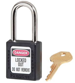 Picture of Set of 410 Zenex Thermoplastic Safety Padlock - Black - With 'Key Alike' Key - Set of 24 - [MA-410KA24BLK]