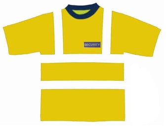 picture of SECURITY Printed Front and Back - Hi Vis Value Yellow T-Shirt Shirt - EN471 Class 2 - Navy Collar - BI-38