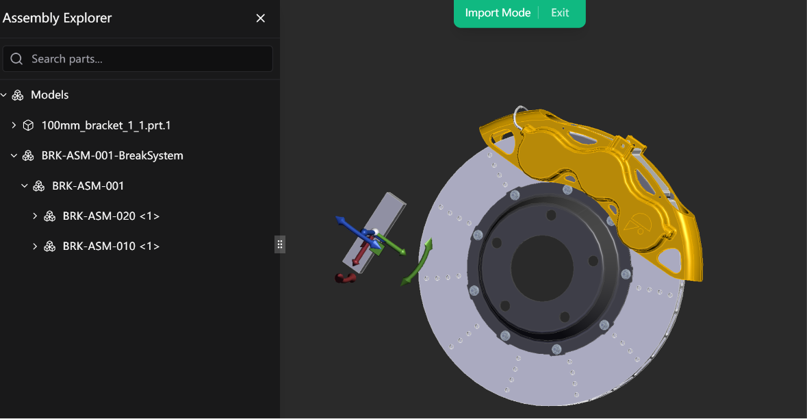 Imported 3D model displayed in Import Mode for positioning and visual fit review