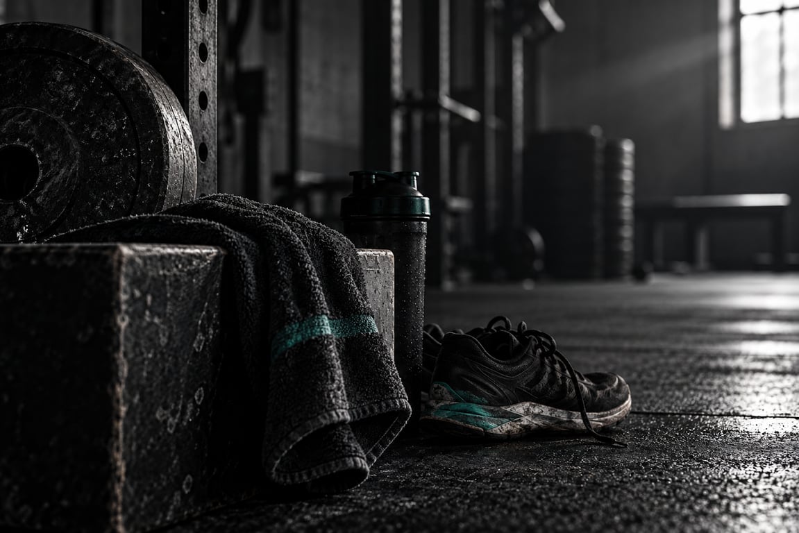 Des chaussures d’entraînement, une serviette et du matériel de musculation reposent dans une salle sombre avant ou après une séance.