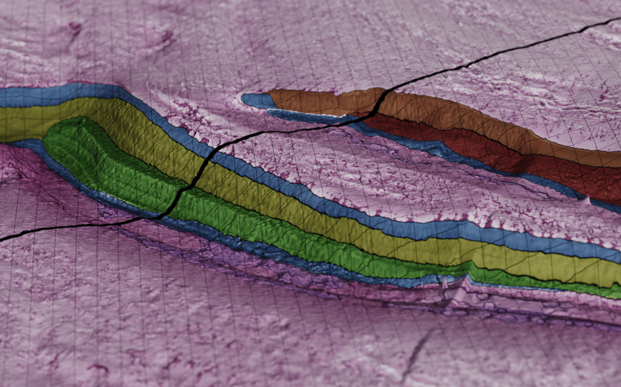 Oblique view of the hybrid map showing varied unit exposure around two types of troughs. The black diagonal line marks a transect that can be used to connect surface units to subsurface structures in radar data. 