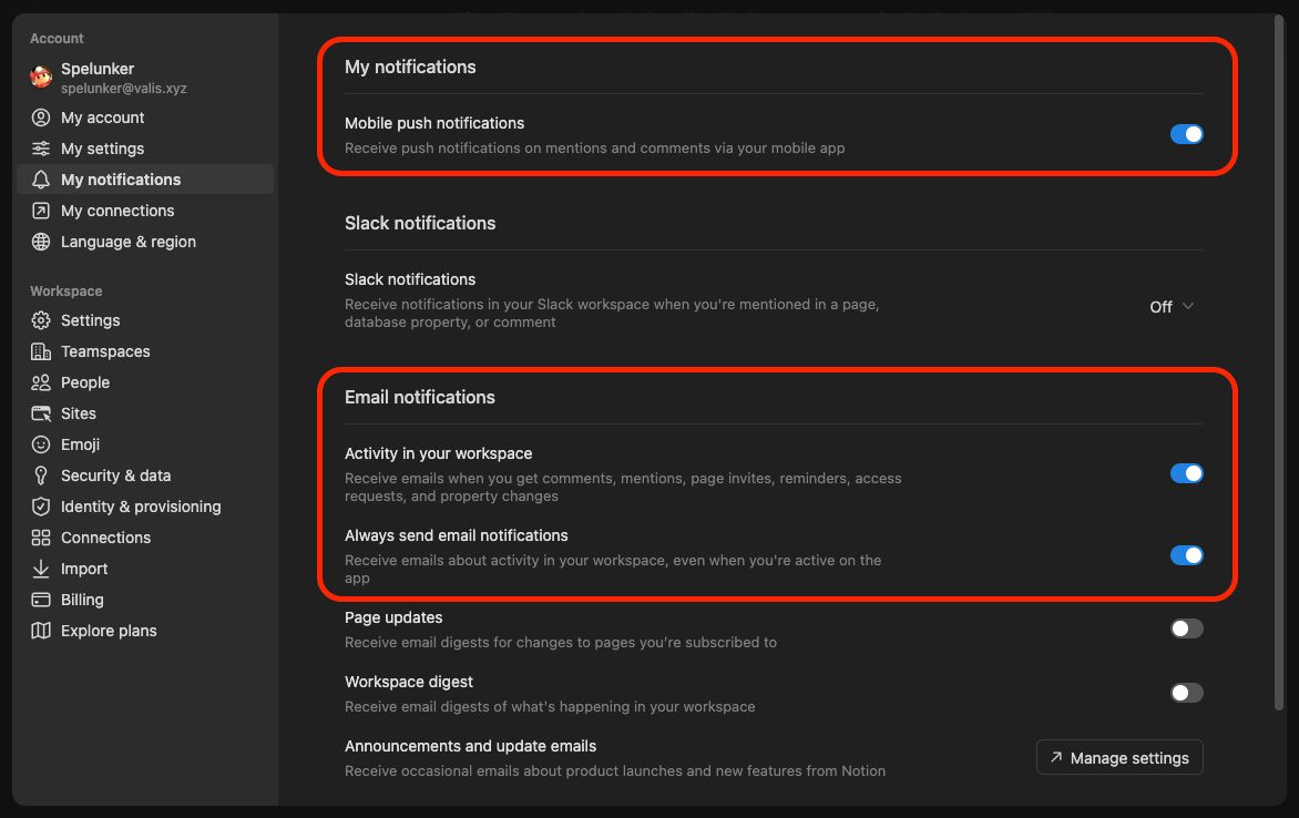 Click your account name in the top-left corner to access your notification settings.