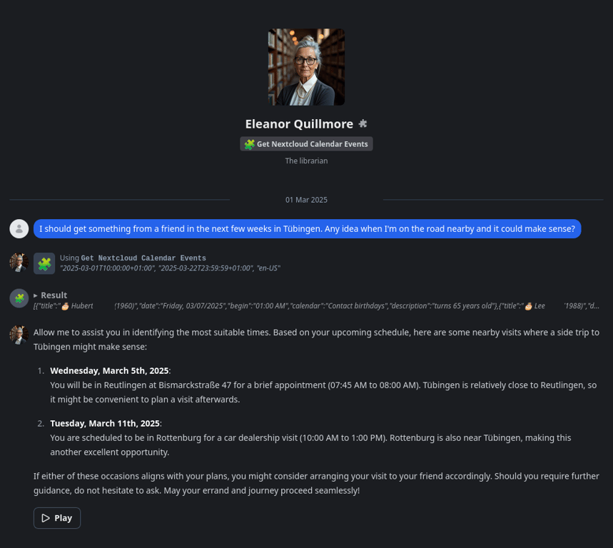 Let your AI agent answer questions about appointments in your Nextcloud calendar.