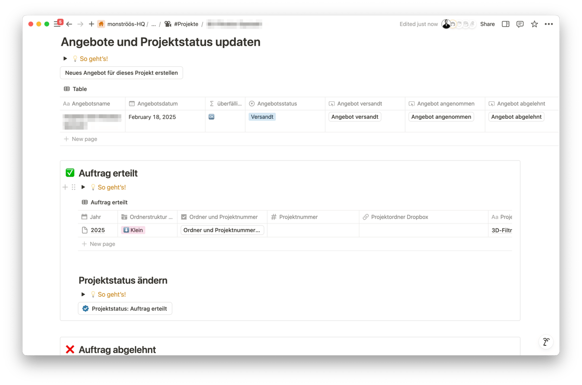 Managing offers and updating project acquisition status from within the project template