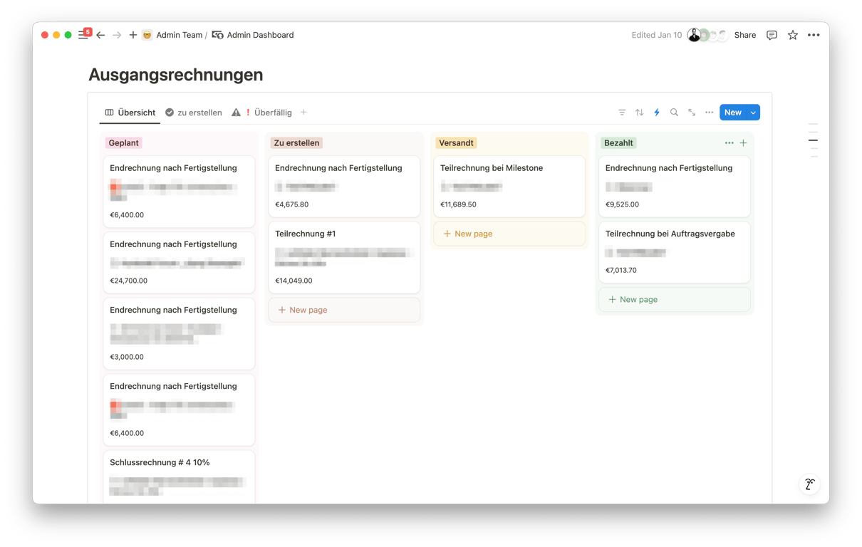 Admin Teams dashboard on outgoing invoices. Invoicing is seamlessly handed over from the project team