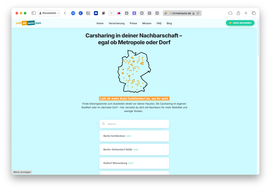 Overview Site of local carsharing community websites on leihdirmeinauto.de