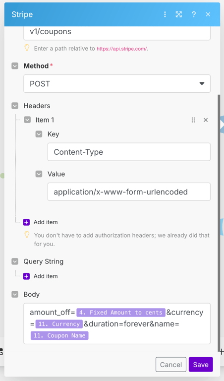 API Call in Make.com to create Stripe Coupons