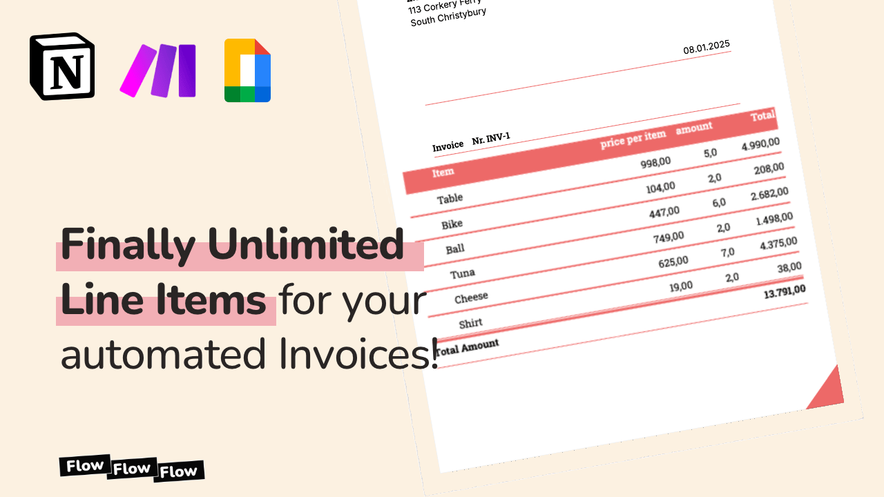 Unlimited Line Items: Automatically create Invoices and Offers with GDocs, Notion and Make.com with unlimited line items