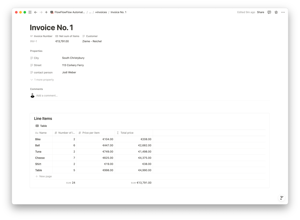 Notion invoice template showcasing line items with detailed pricing breakdown. Features invoice number INV-1, customer details for Zieme-Reichel, and comprehensive item tracking from bikes to tables. Total sum €13,791.00. 