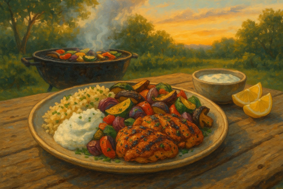 Skewer-Free Kabobs with Grilled Chicken, Charred Veggies & Yogurt Drizzle