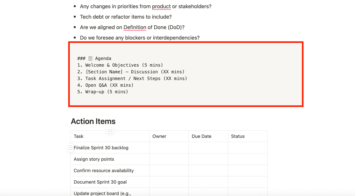 Screenshot of a Notion page using multiple content blocks like text, to-do lists, and tables.