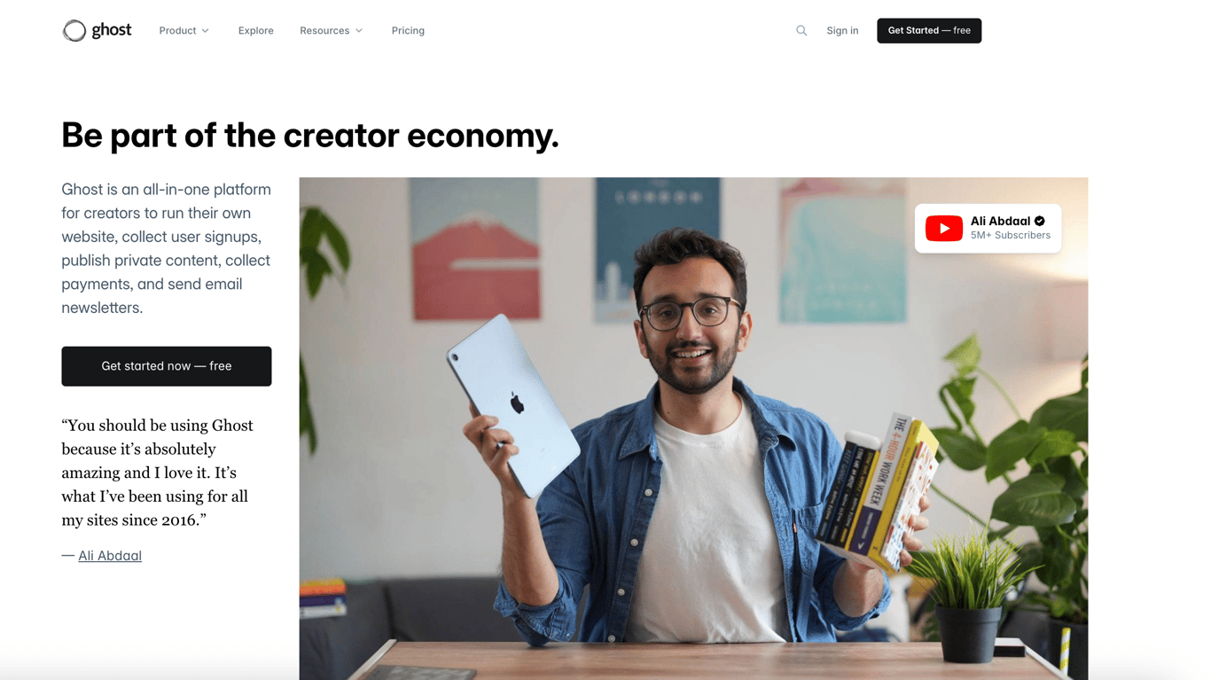 Ghost publishing platform interface displaying a minimalist blog editor with SEO tools