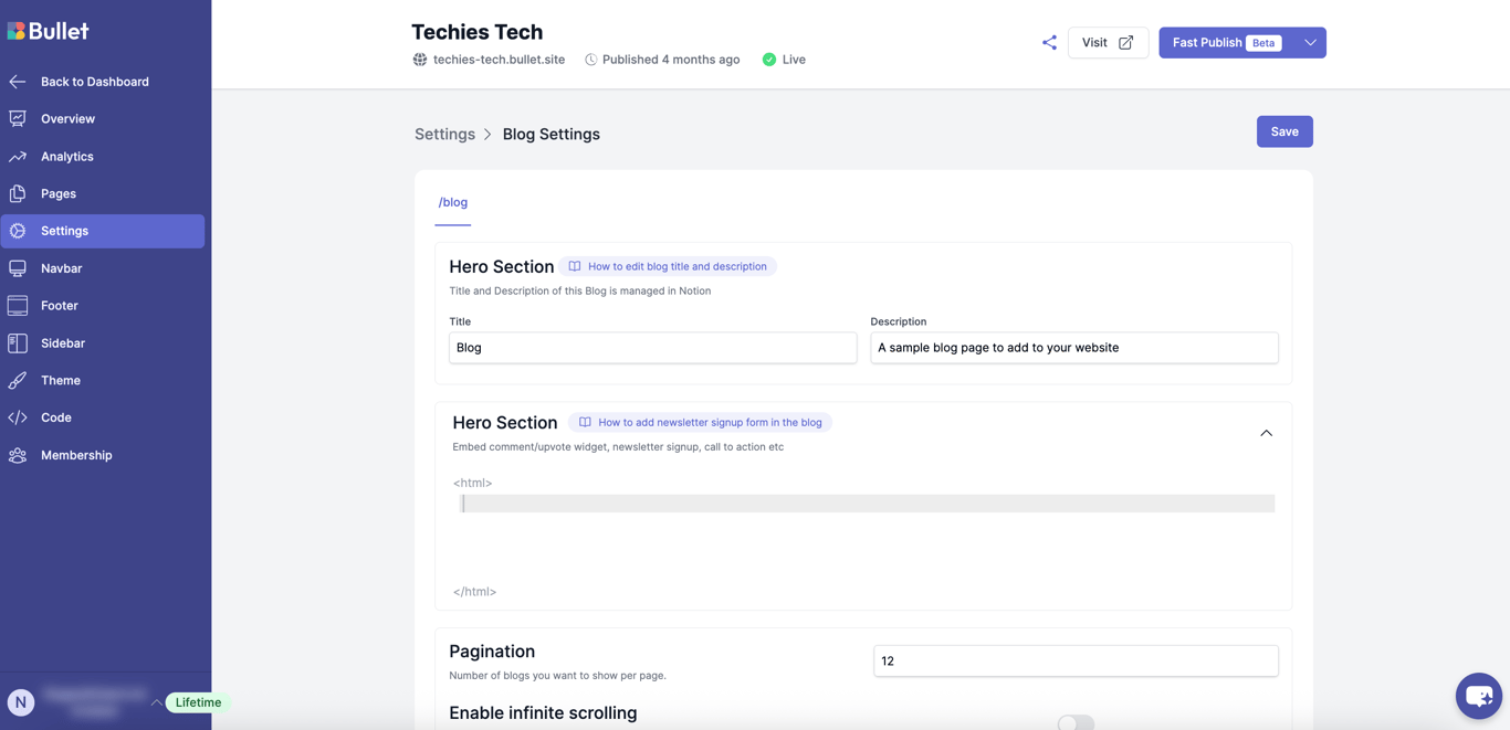 Screenshot of Bullet.so homepage showcasing a clean, modern blog interface built with Notion