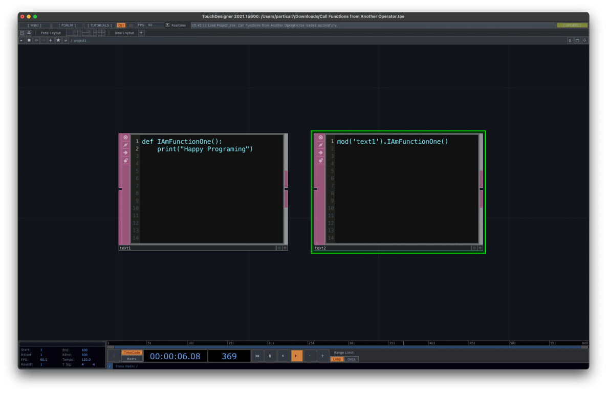TouchDesigner 跨 Operator 呼叫 Function 教學：使用 mod() 呼叫 Text (DAT) Function