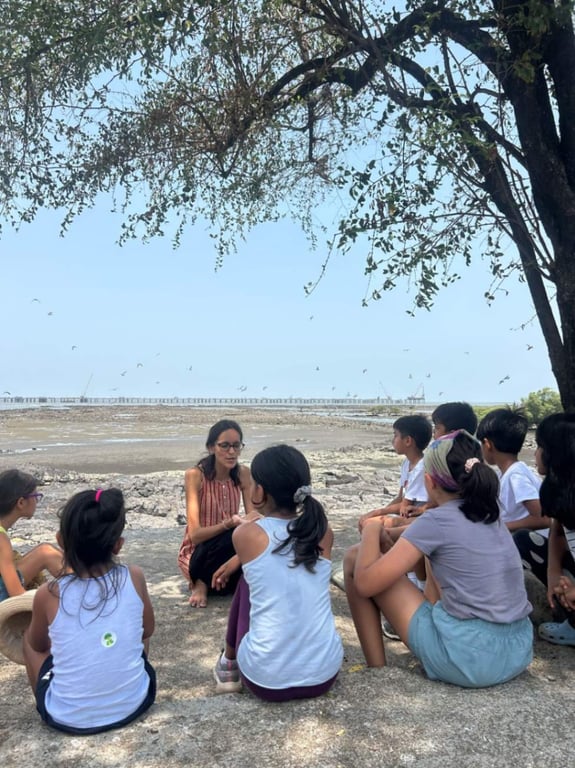 Observing the progress of the new bridge being built close to school