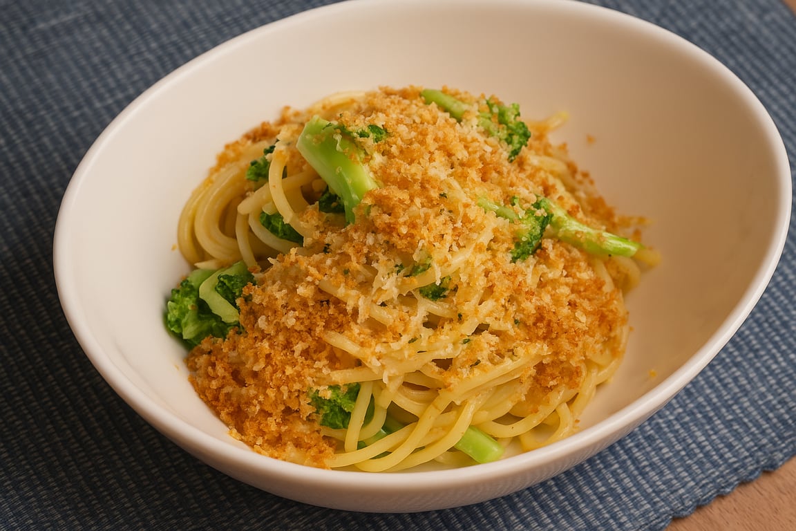 Broccoli Spaghetti with Roasted Garlic Oil & Crispy Breadcrumbs