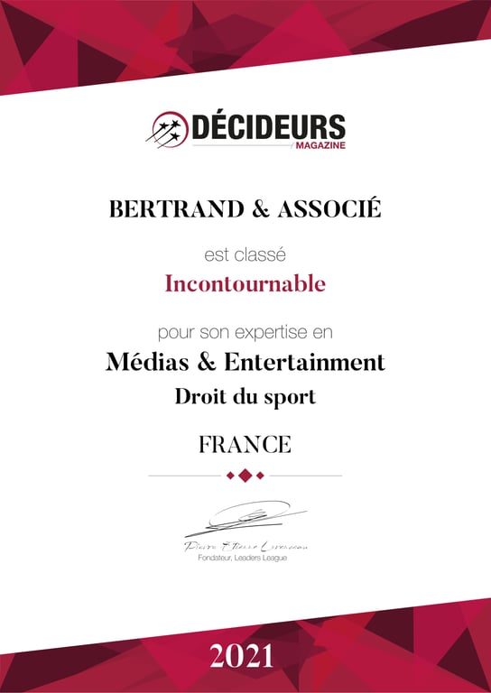 Avocat BERTRAND, cabinet incontournable en Droit du sport selon Décideurs Magazine