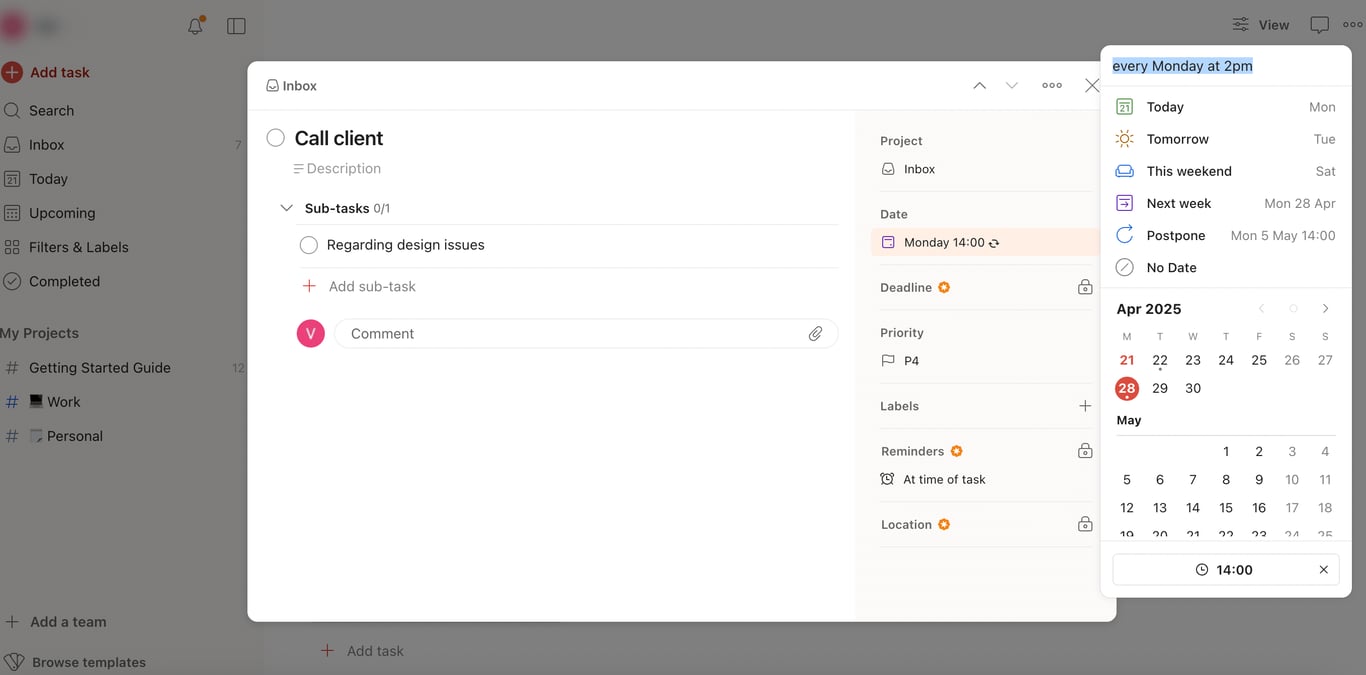 Todoist interface with recurring tasks