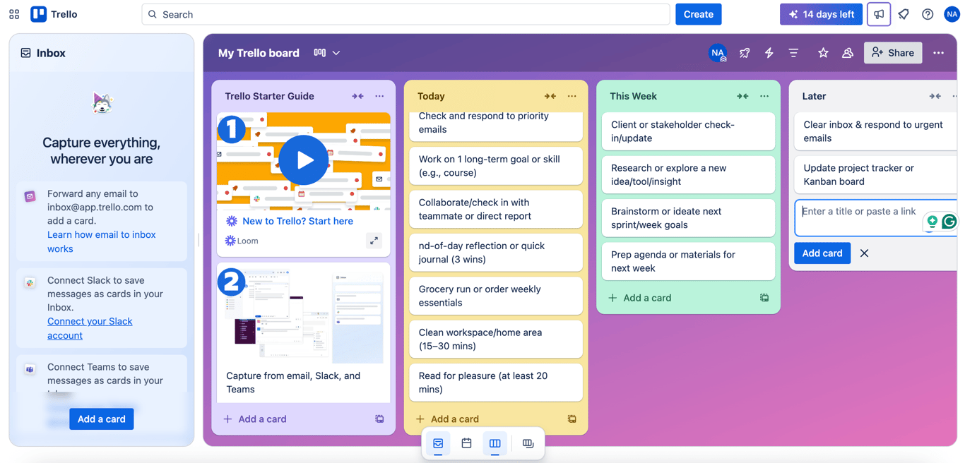 Trello project board with cards organized by workflow stages