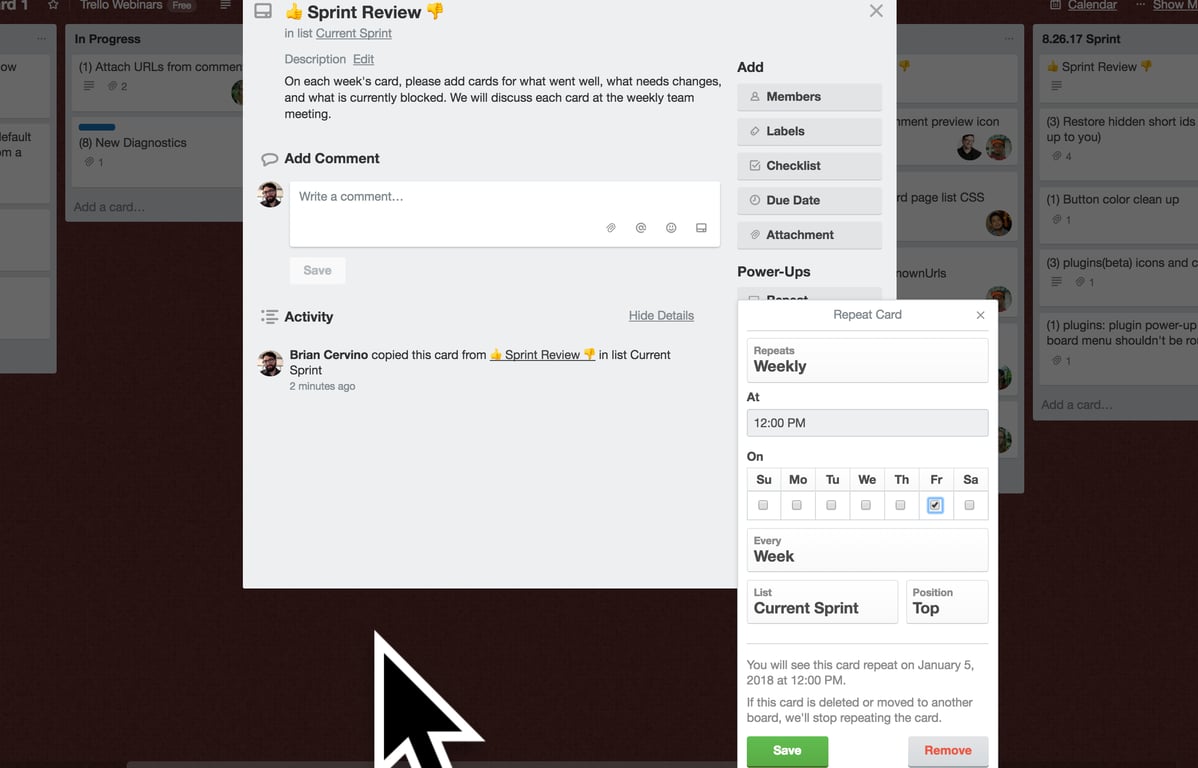 Trello Power-Up enabling recurring task functionality