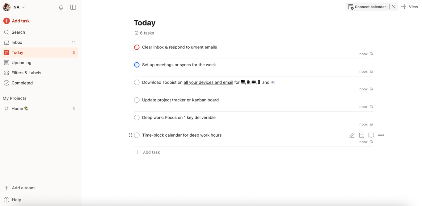 Todoist showing hierarchical tasks with priority flags and due dates